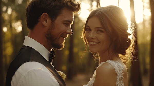 Foto de boda generada por IA al atardecer