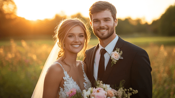 Casal de noivos ao pôr do sol gerado com IA